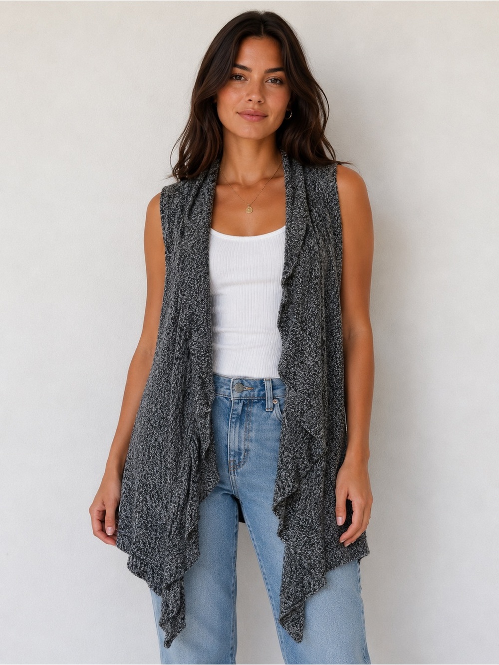 New Directions Marled Knit Cascade Ruffle Vest Sweater Gray Black Size Large